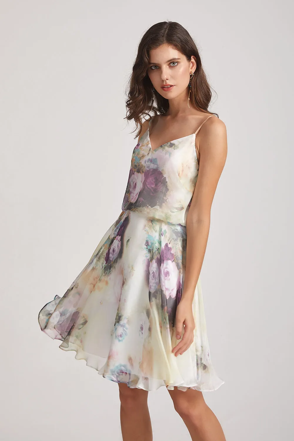 Floral-print Slender Straps Short Bridesmaid Dresses (AF0121)