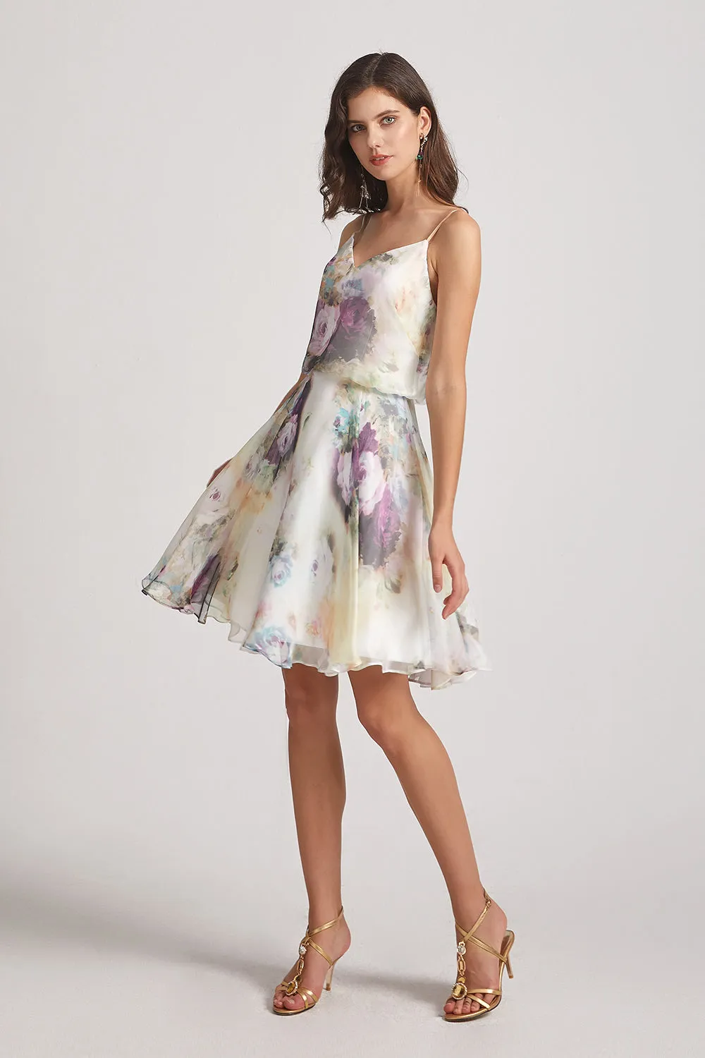 Floral-print Slender Straps Short Bridesmaid Dresses (AF0121)