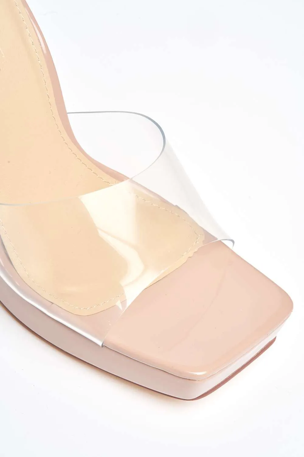 Flovous Perspex Bloch Heel Platform Mules in Nude Patent