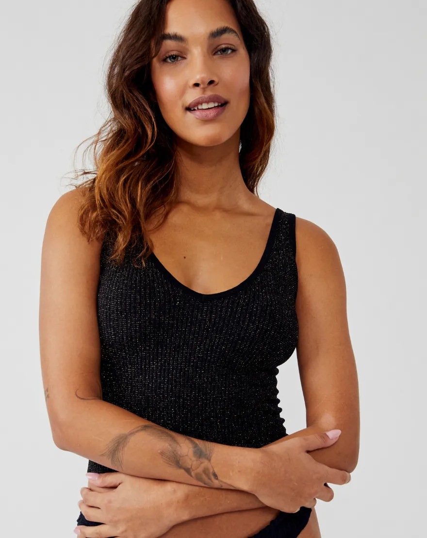 Free People Solid Black and Gold Lurex Ribbed Cropped Brami Tank Top