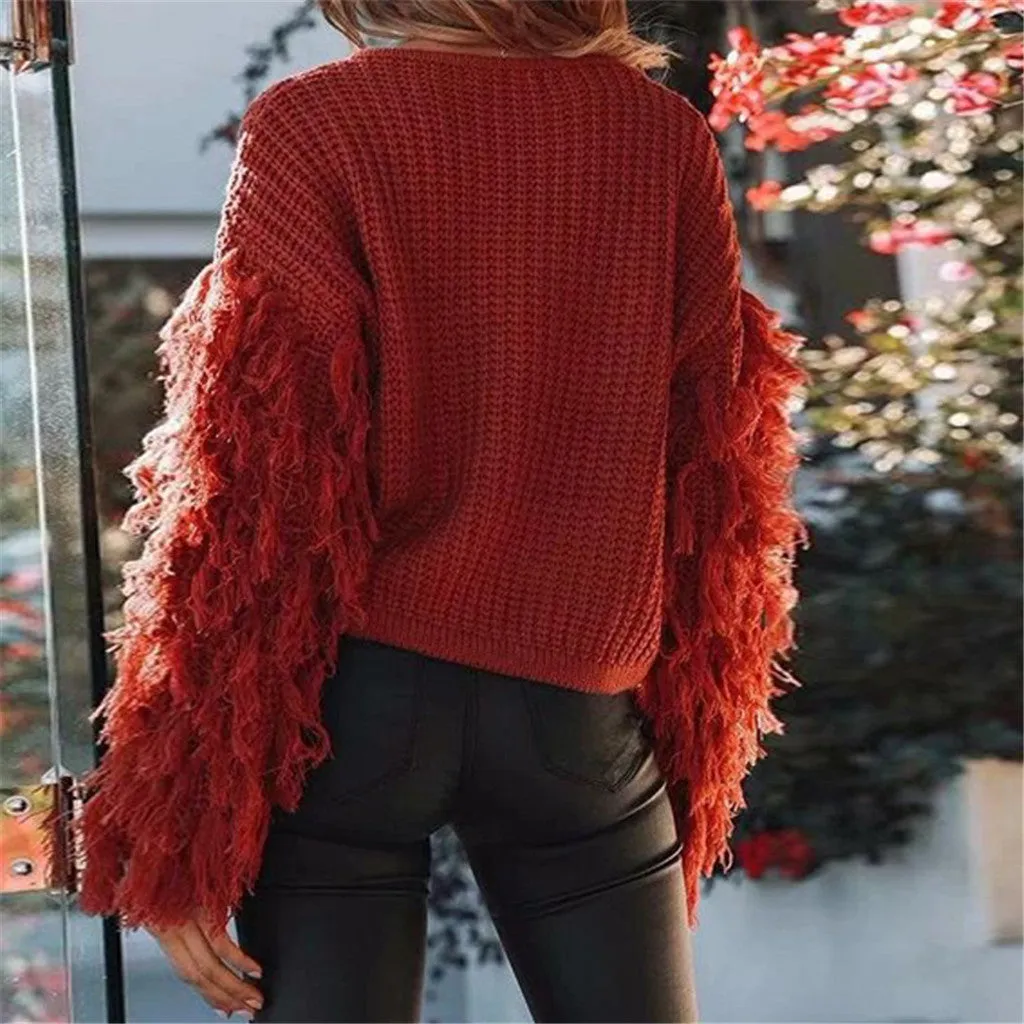 Fringe Sleeves Sweater Green Tan Black Or Red Crew Neck Boho Thick Warm Long Sleeve Top Pullover Jumper In Sizes Small Medium Or Large