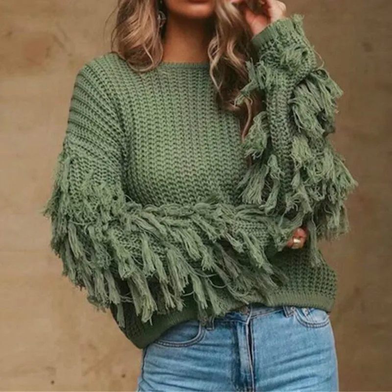 Fringe Sleeves Sweater Green Tan Black Or Red Crew Neck Boho Thick Warm Long Sleeve Top Pullover Jumper In Sizes Small Medium Or Large