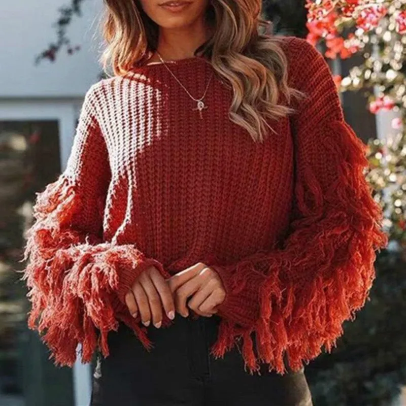 Fringe Sleeves Sweater Green Tan Black Or Red Crew Neck Boho Thick Warm Long Sleeve Top Pullover Jumper In Sizes Small Medium Or Large