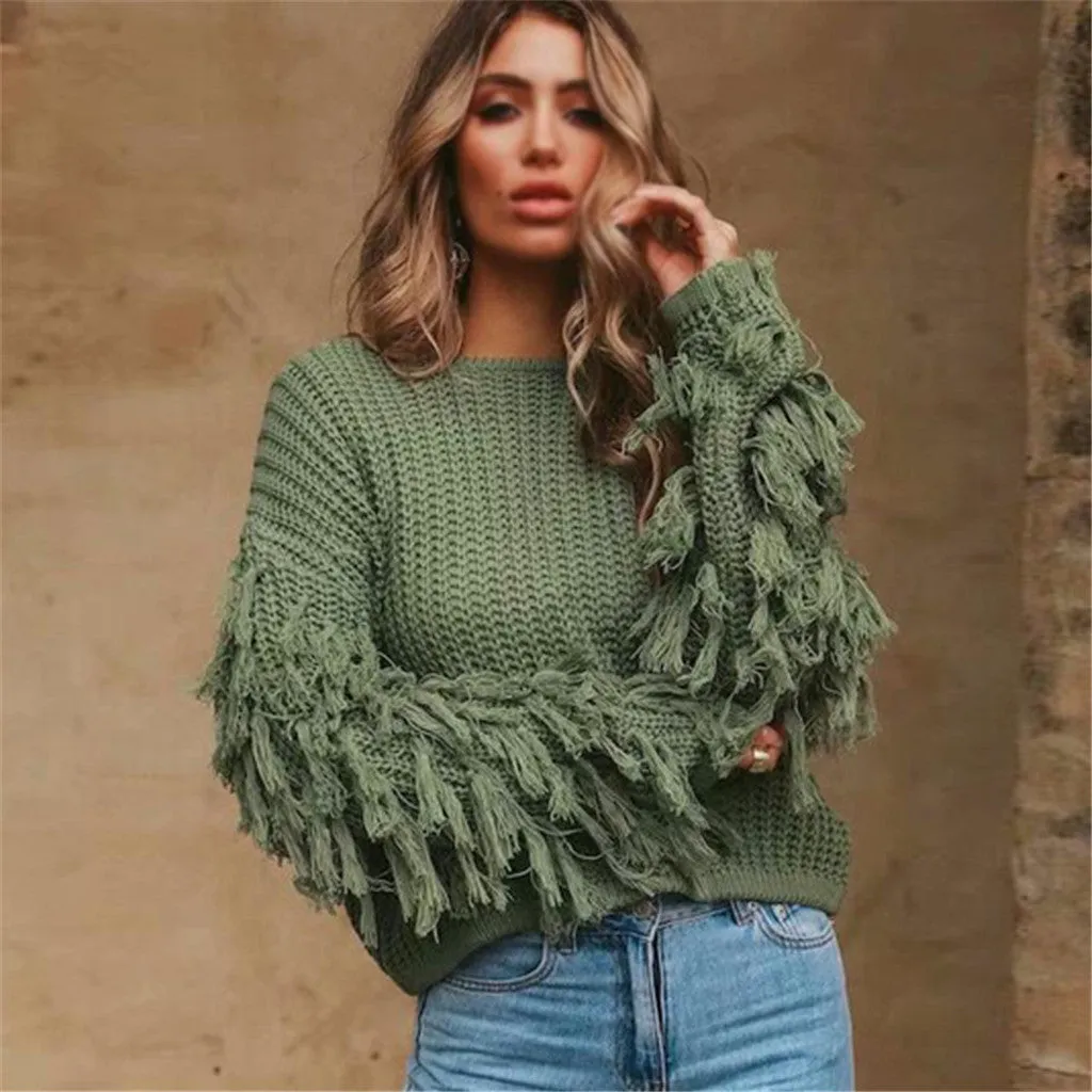 Fringe Sleeves Sweater Green Tan Black Or Red Crew Neck Boho Thick Warm Long Sleeve Top Pullover Jumper In Sizes Small Medium Or Large