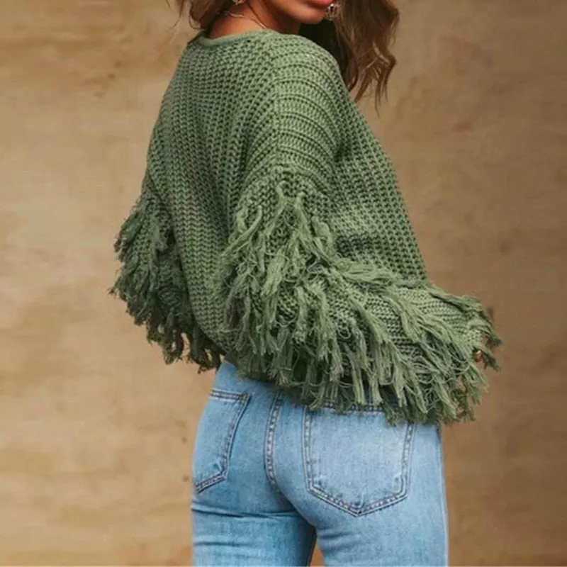 Fringe Sleeves Sweater Green Tan Black Or Red Crew Neck Boho Thick Warm Long Sleeve Top Pullover Jumper In Sizes Small Medium Or Large