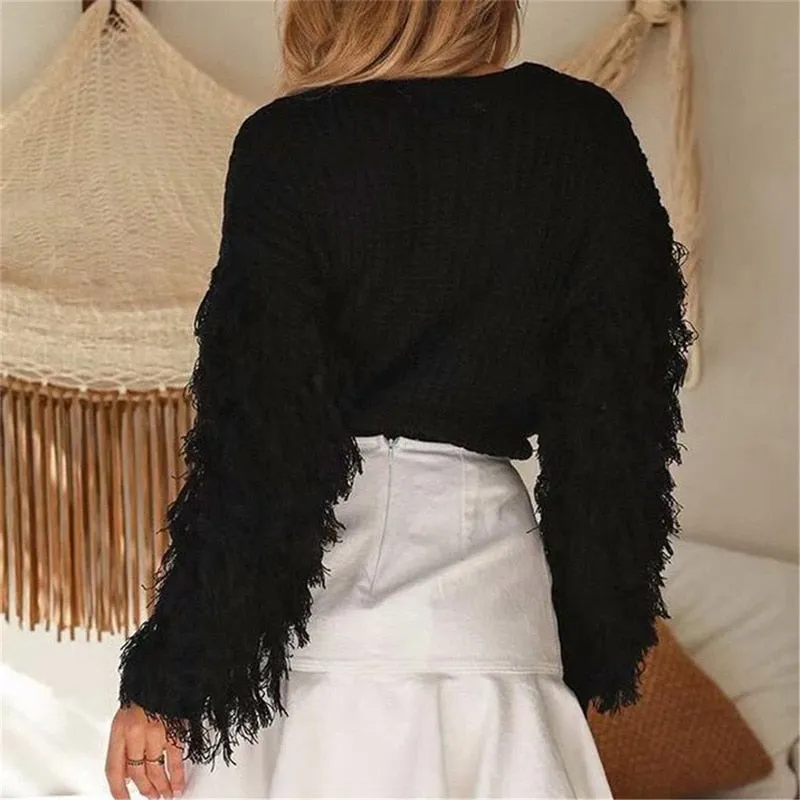 Fringe Sleeves Sweater Green Tan Black Or Red Crew Neck Boho Thick Warm Long Sleeve Top Pullover Jumper In Sizes Small Medium Or Large