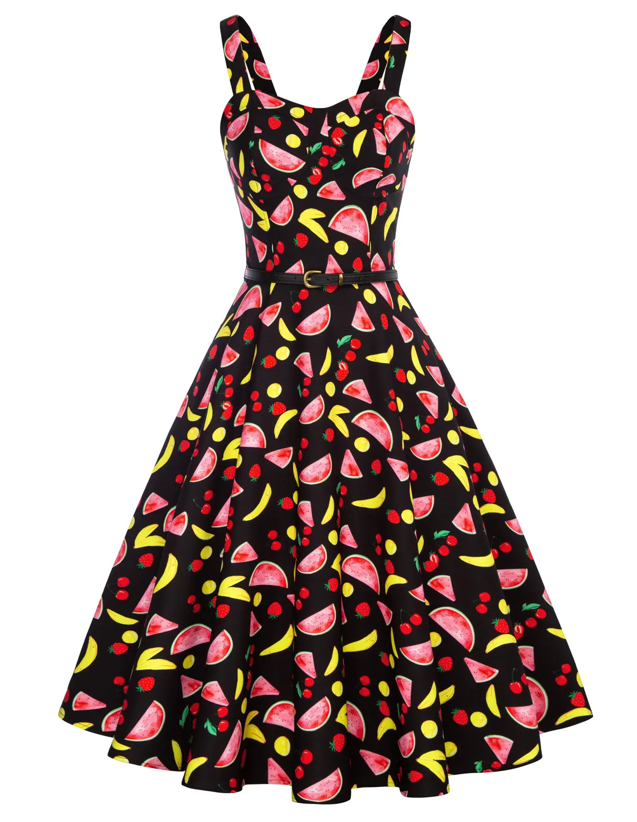 Fruit Print Sweetheart Neck Flared A-Line Dress with Belt