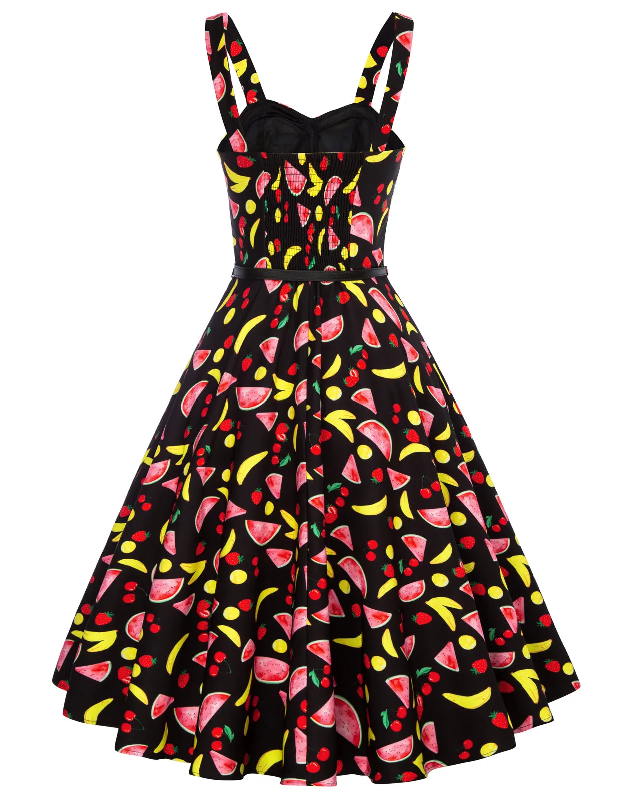 Fruit Print Sweetheart Neck Flared A-Line Dress with Belt