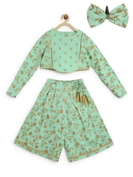 Girls Combo Co-ord Set And Bow Hairclip Gold Print- Green