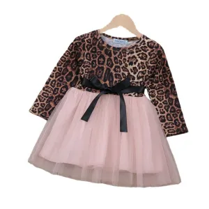 Girls Leopard Print Bow Full Sleeve Pink Dress