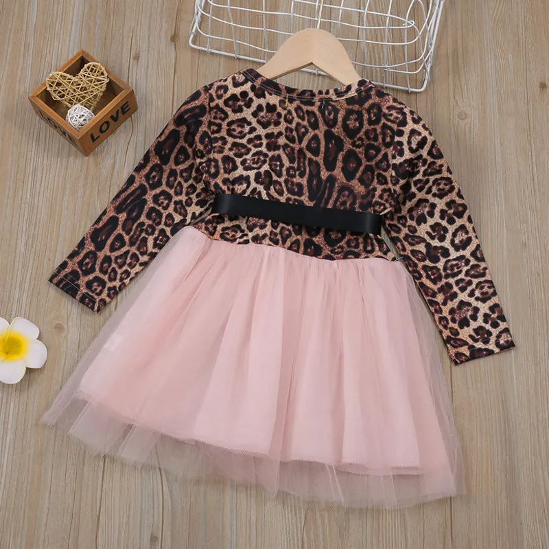 Girls Leopard Print Bow Full Sleeve Pink Dress