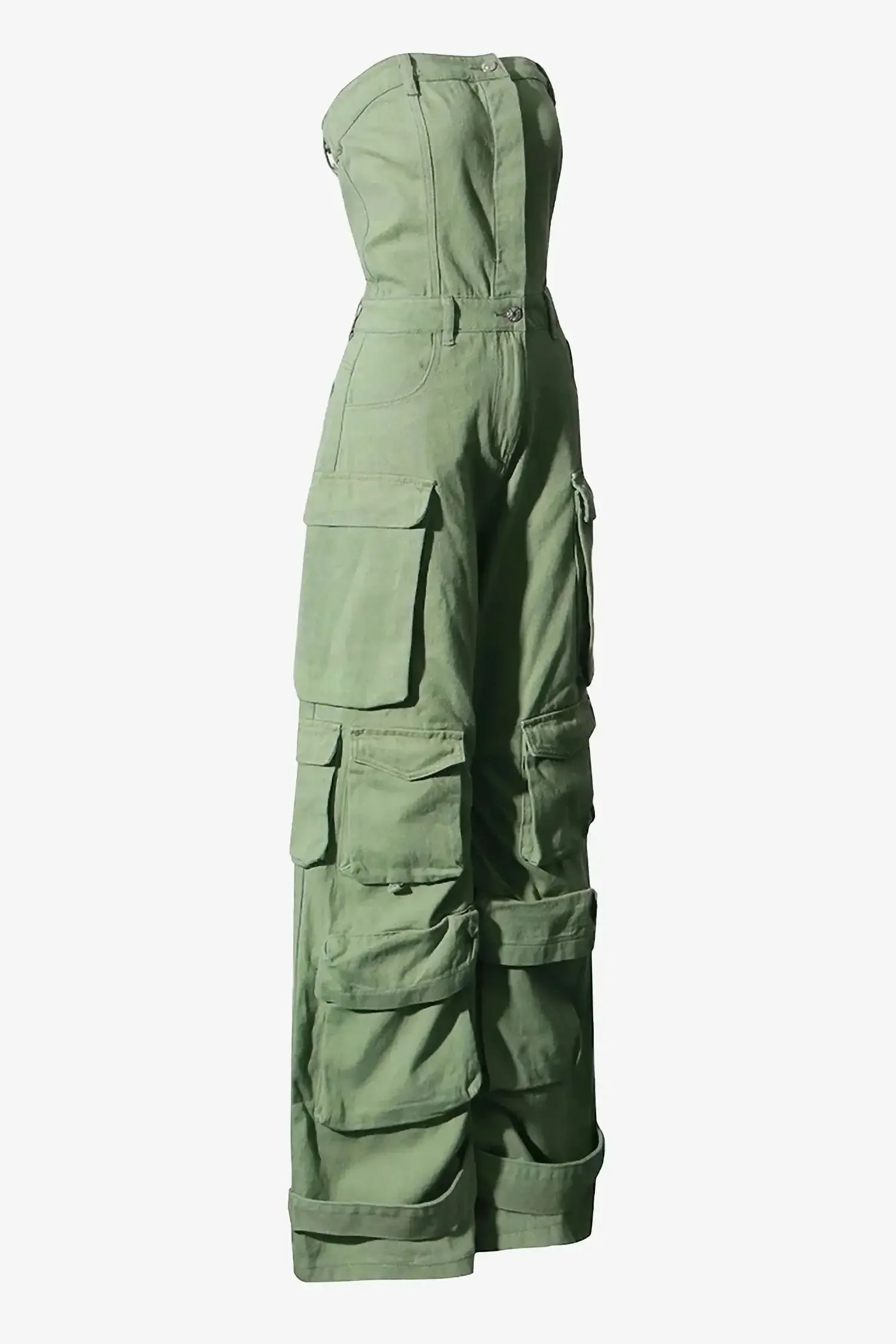 Green Denim Cargo Jumpsuit