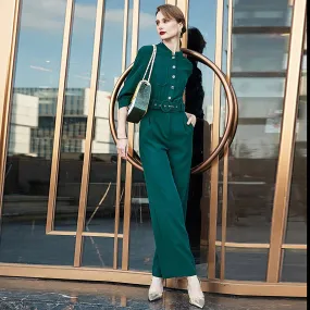 Green Single Breasted Buckle Belt Jumpsuit