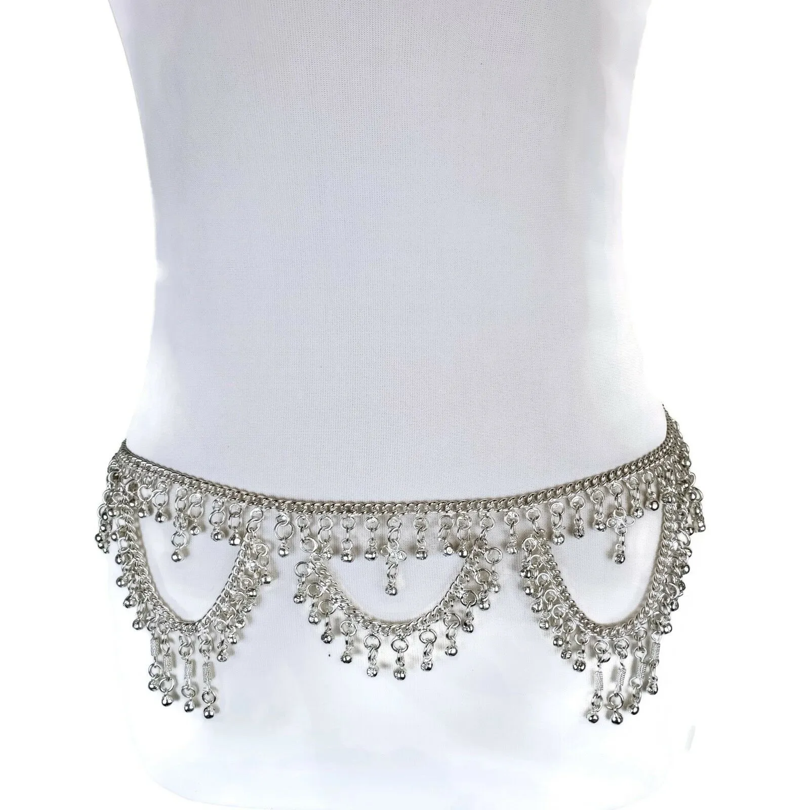 Gypsy Belt Silver Jingles Scalloped Shapes Bohemian Belly Chain Adjustable One Size