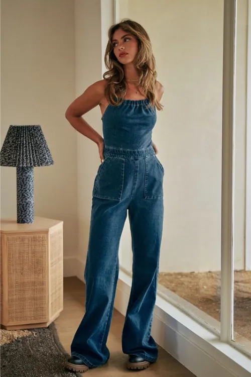 Hippie Road Strapless Lace Up Denim Jumpsuit