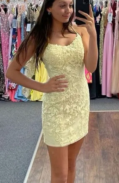 Homecoming Dresses,Yellow Lace Short Prom Dresses,Evening Dresses,Formal Dresses,BP507