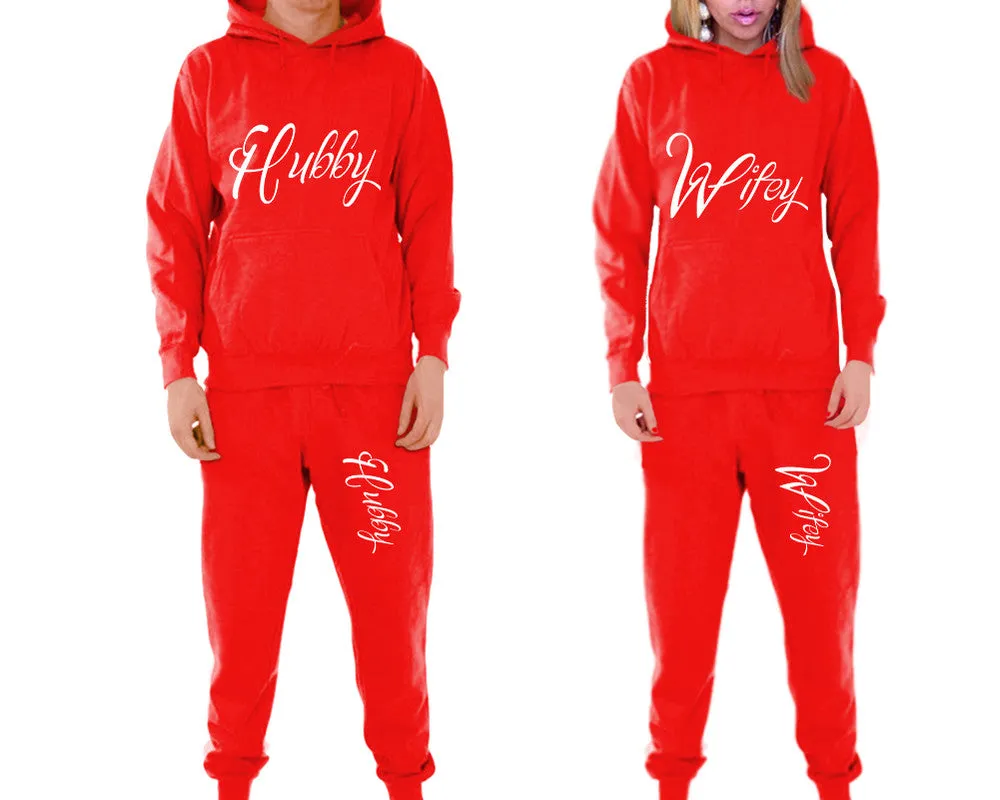 Hubby Wifey Couple Matching Pullover Hoodies and Jogger Pants Top & Bottom Sets