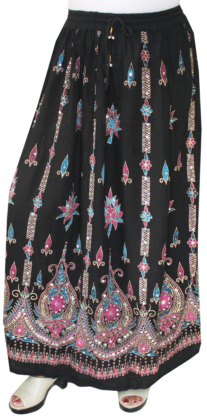 Indian Long Skirts Sequins Ankle Length Rayon India Apparel (Black)