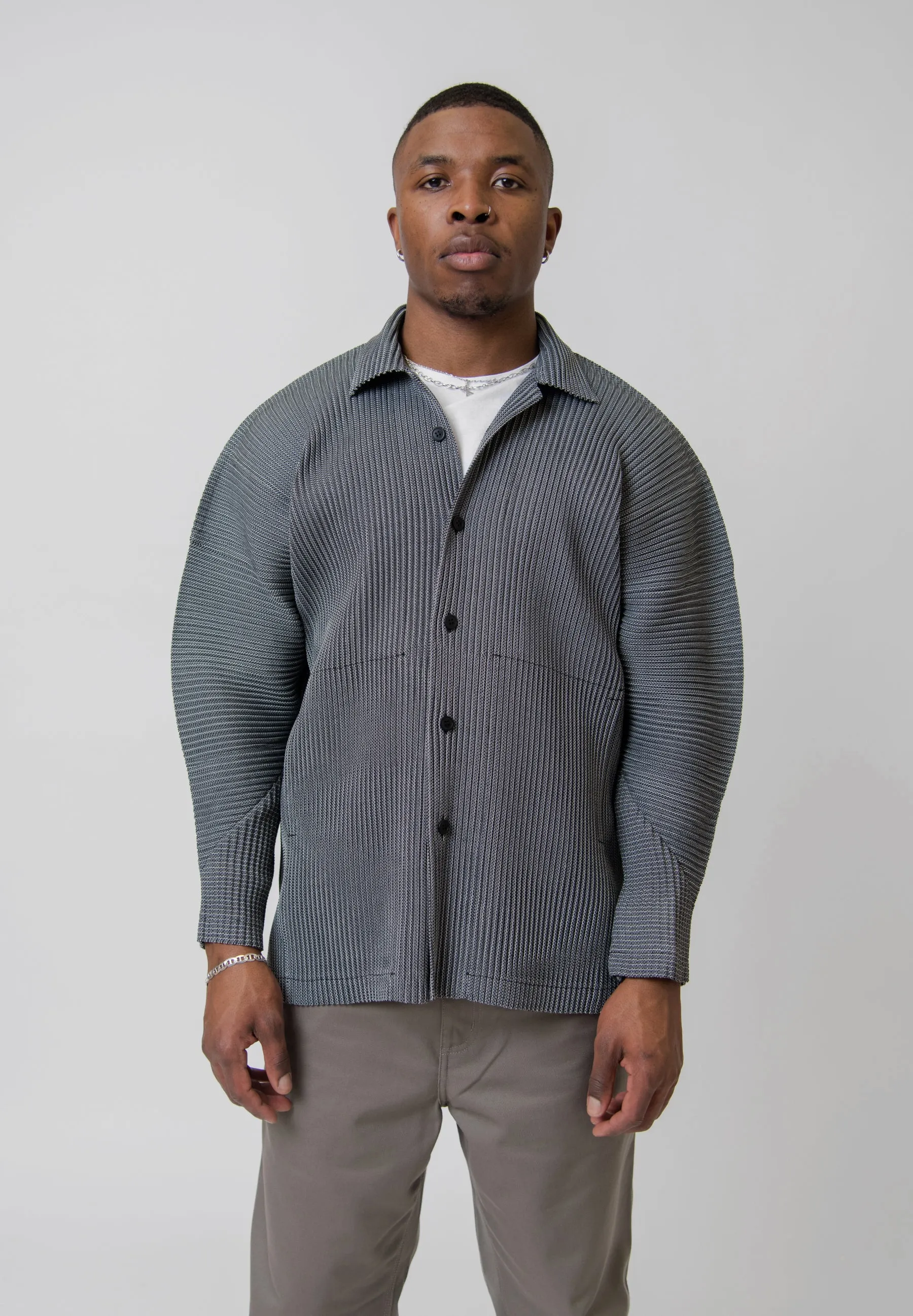 Leno Stripe Pleated Shirt Grey FJ307-12