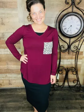 Leopard Pocket Top-Burgundy