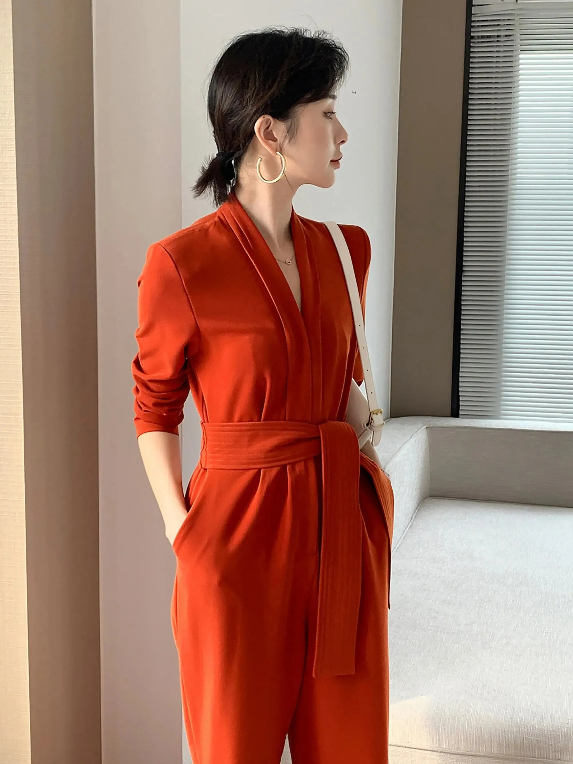 Long Sleeve Cropped Bottom Belted Jumpsuit