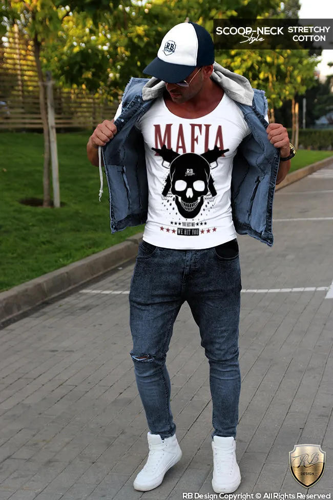 Men's Mafia T-shirt Gangster Skull Uzi Machine Gun MD627