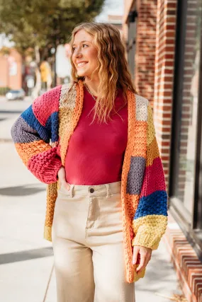 Orange Color Block Chunky Knit Cardigan