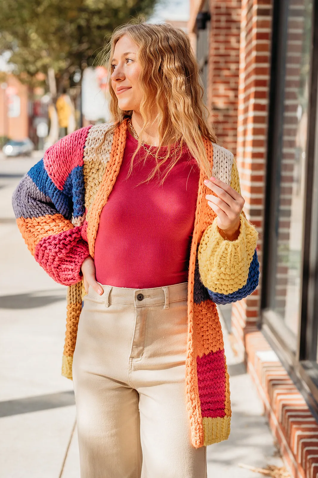 Orange Color Block Chunky Knit Cardigan