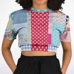 Pink Sherbert Floral Patchwork Plaid Short Sleeve Cropped Eco-Poly Sweater