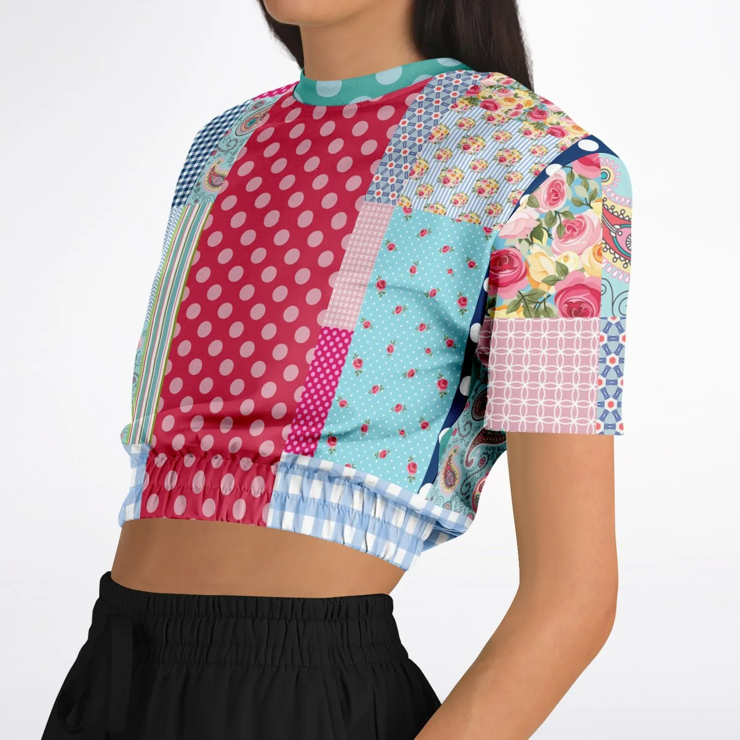 Pink Sherbert Floral Patchwork Plaid Short Sleeve Cropped Eco-Poly Sweater