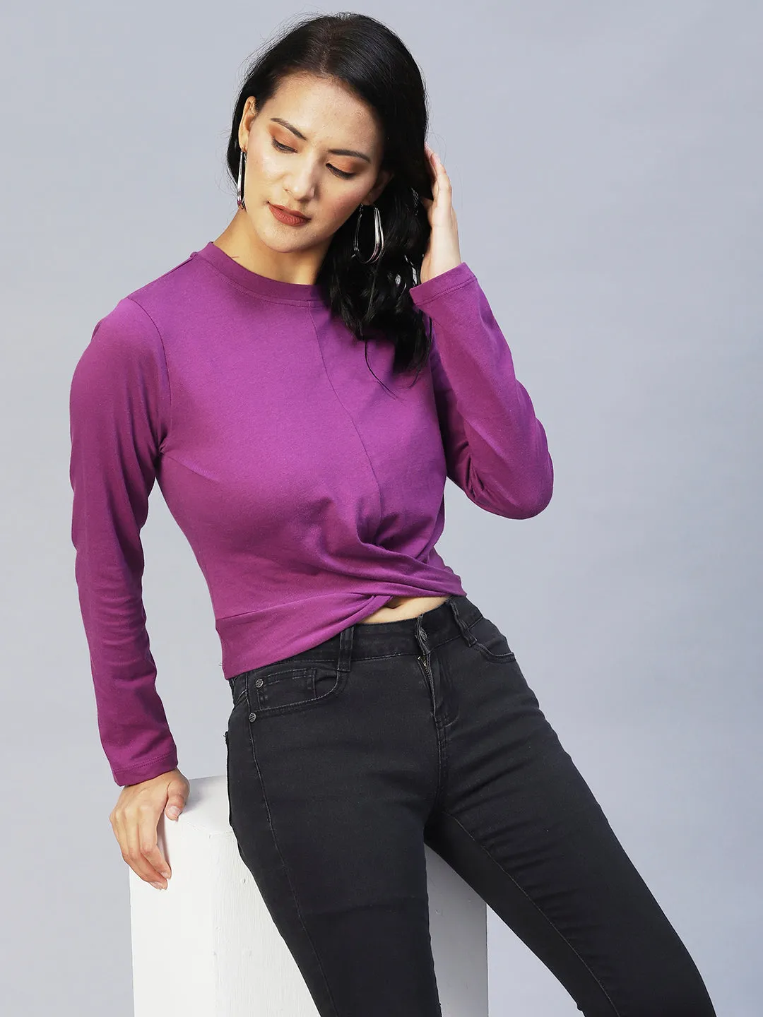 Purple Waist Knot Full Sleeve Top