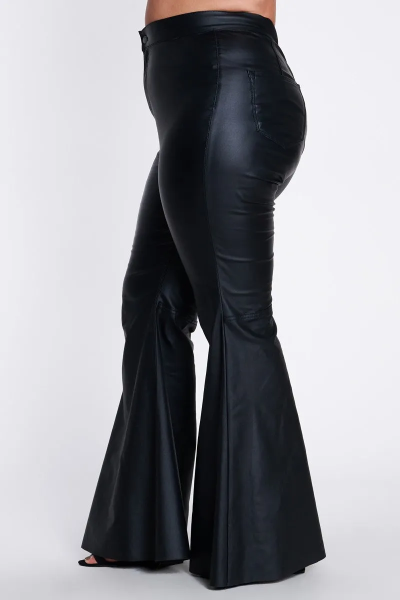 Rock The Bells Black Faux Leather Bell Bottom Pants