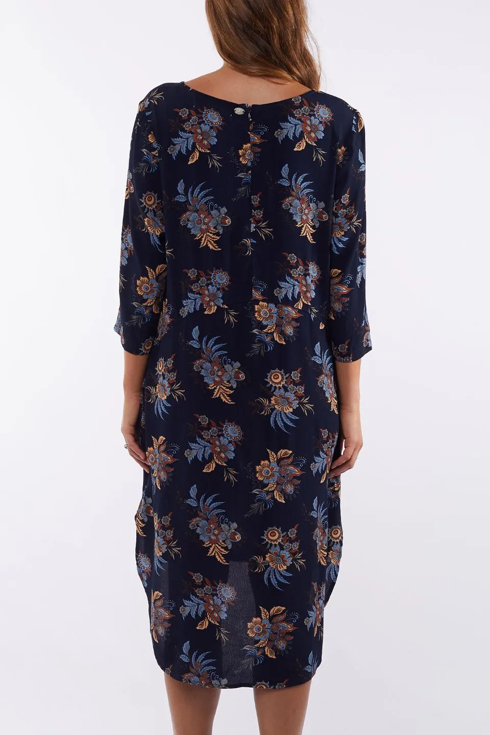 Rosaline Crop Sleeve High Low Navy Floral Midi Dress