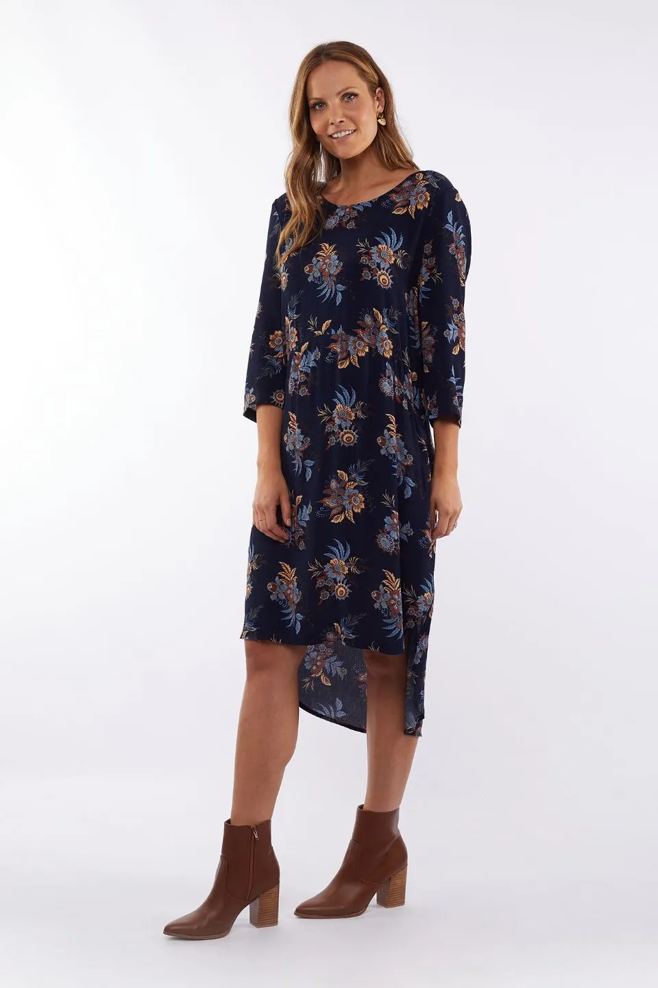 Rosaline Crop Sleeve High Low Navy Floral Midi Dress