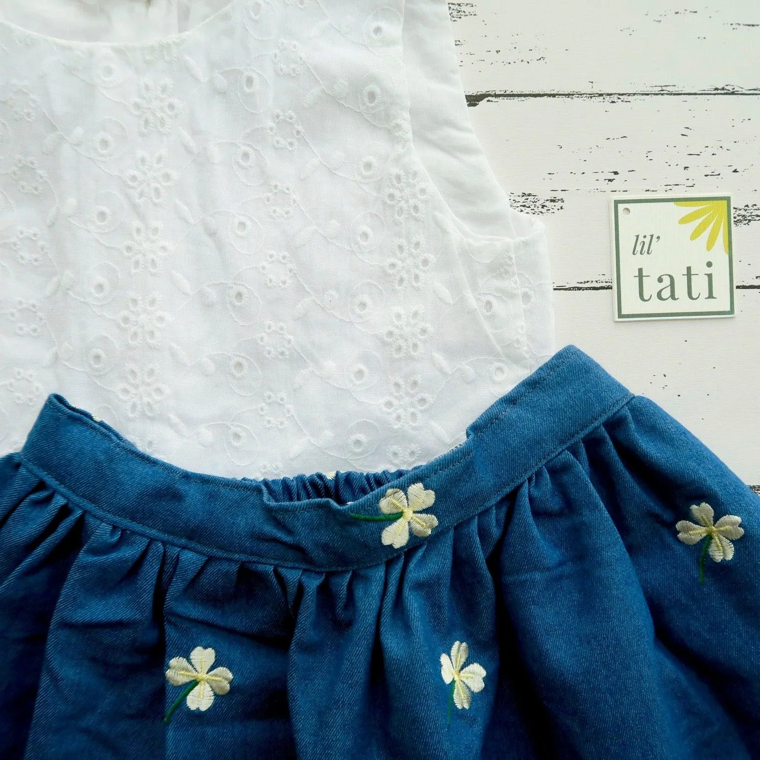 Sage Top and Skirt in White Eyelet and Blue Floral Embroidery