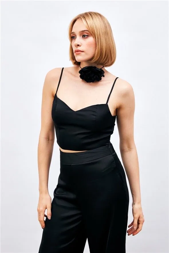 Satin Crop Top  with String Straps - Black