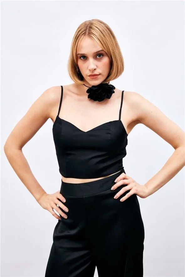 Satin Crop Top  with String Straps - Black