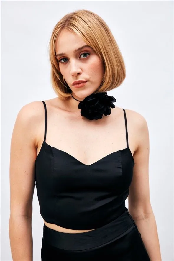 Satin Crop Top  with String Straps - Black