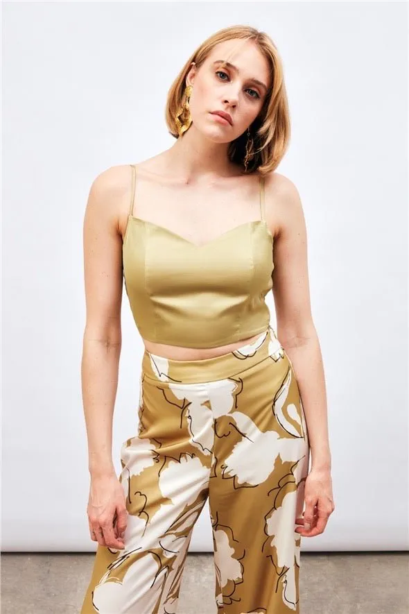 Satin Crop Top  with String Straps - Olive