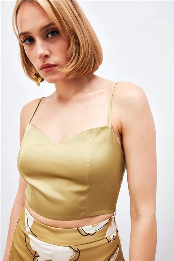 Satin Crop Top  with String Straps - Olive