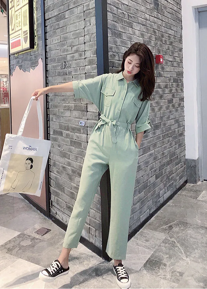 Short Sleeve Belted Jumpsuit