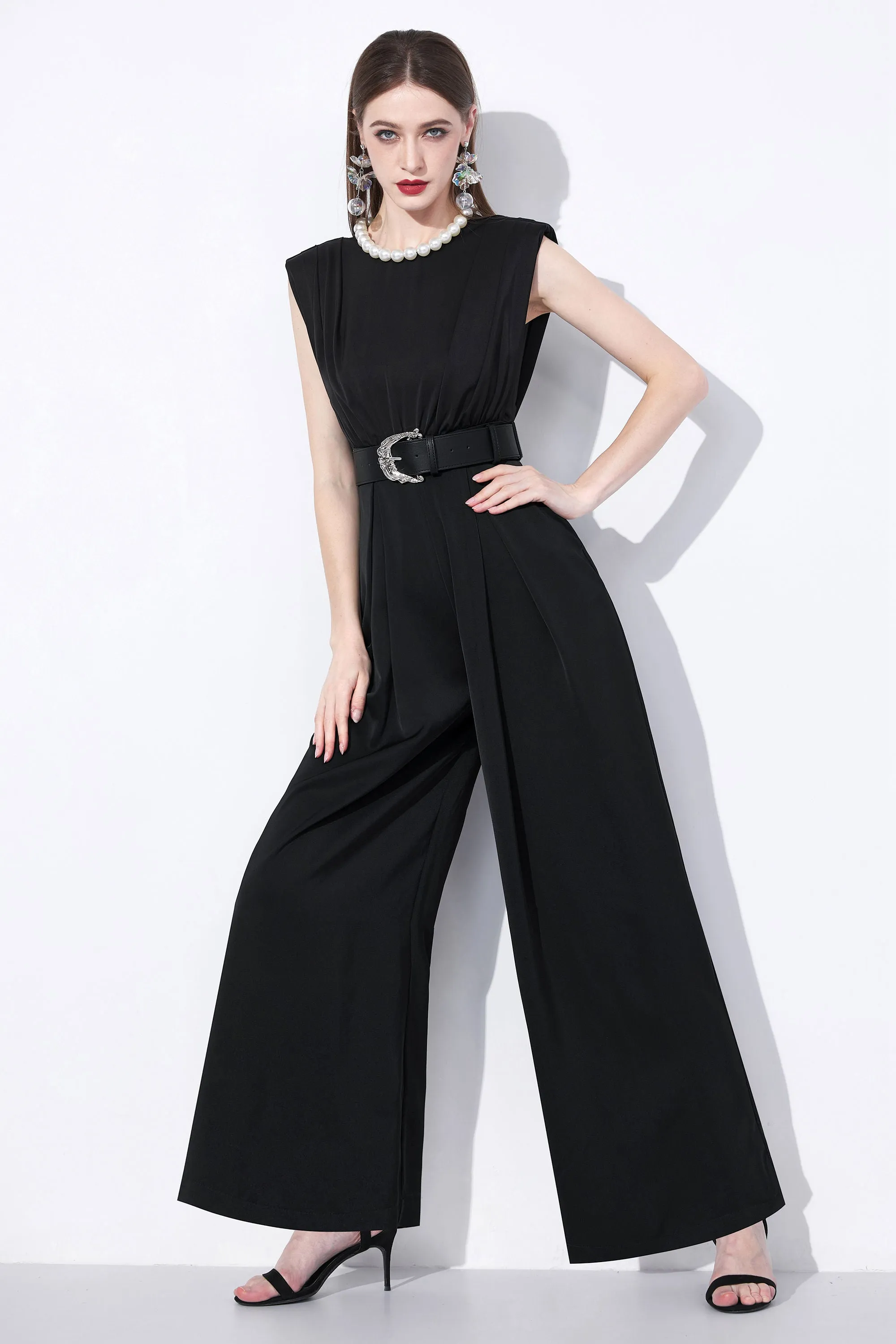 Sleeveless Wide Leg Belted Jumpsuit