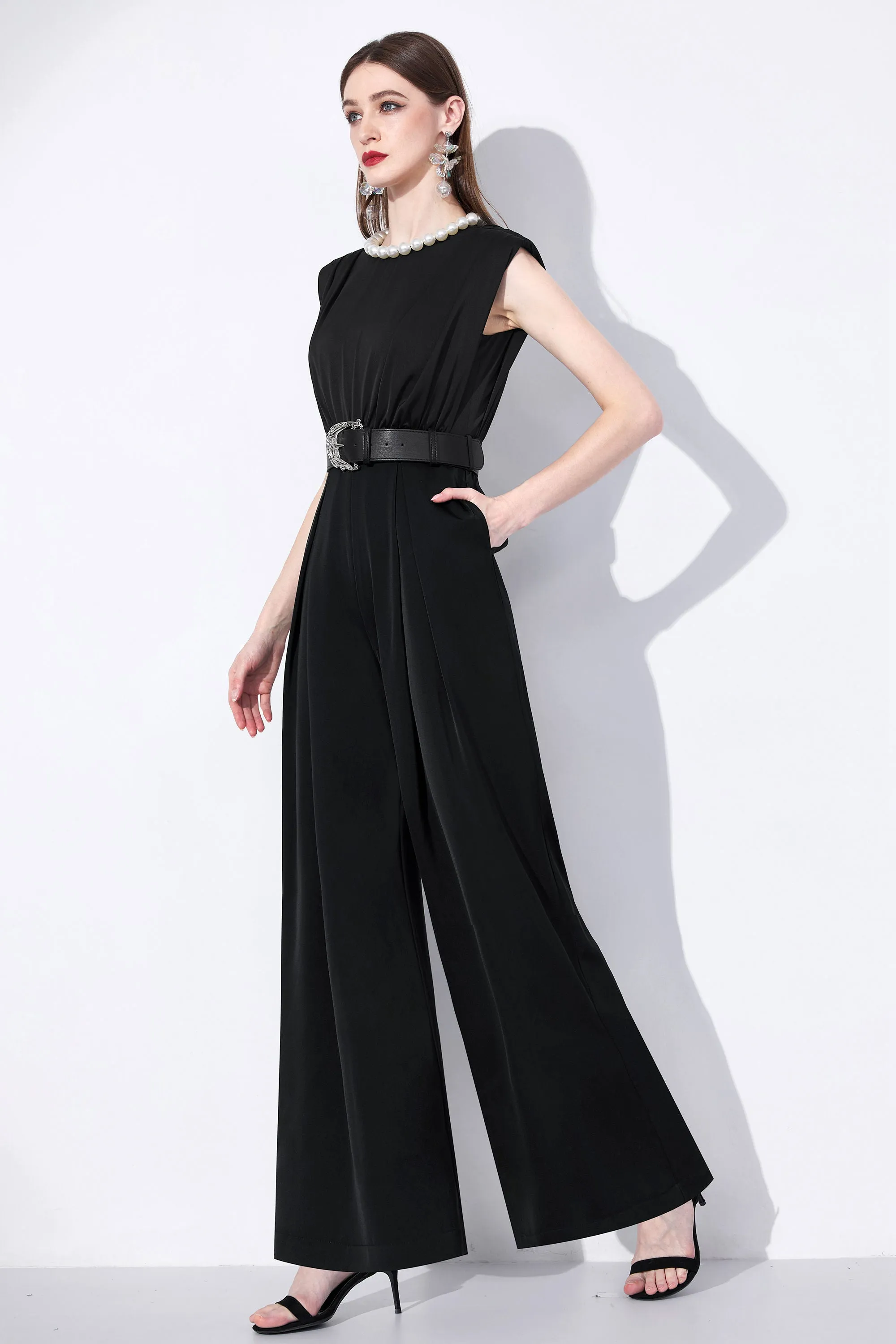 Sleeveless Wide Leg Belted Jumpsuit