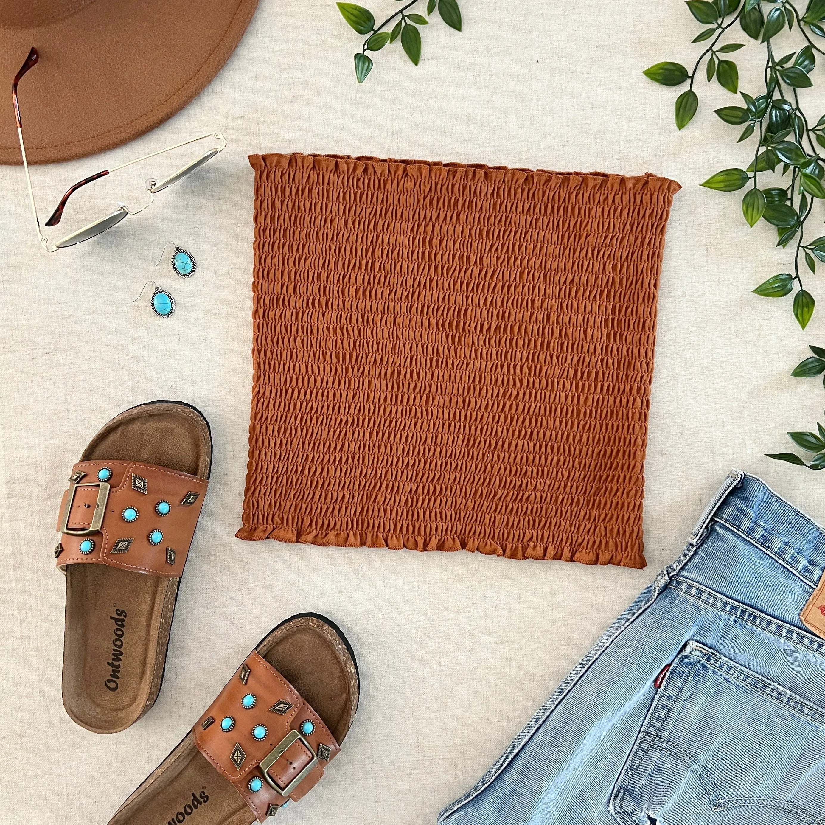 Smocked Bandeau Crop - Rust