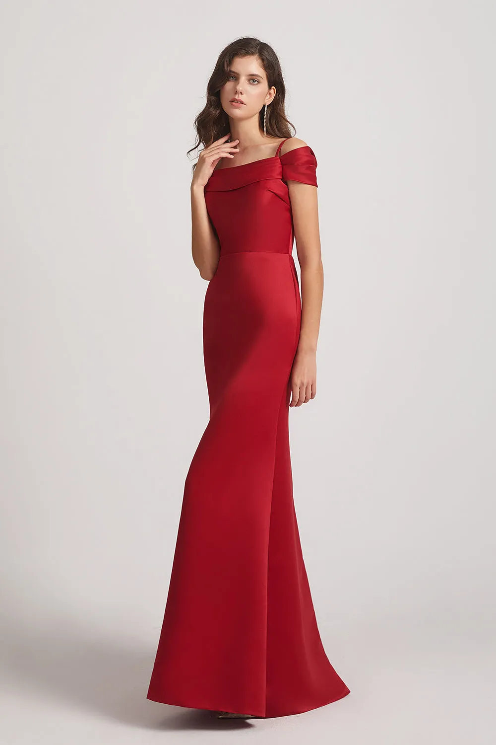 Spaghetti Straps Satin Floor Length Cold Shoulder Bridesmaid Dresses (AF0008)