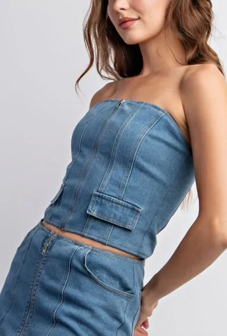 Stretched faded denim tube top