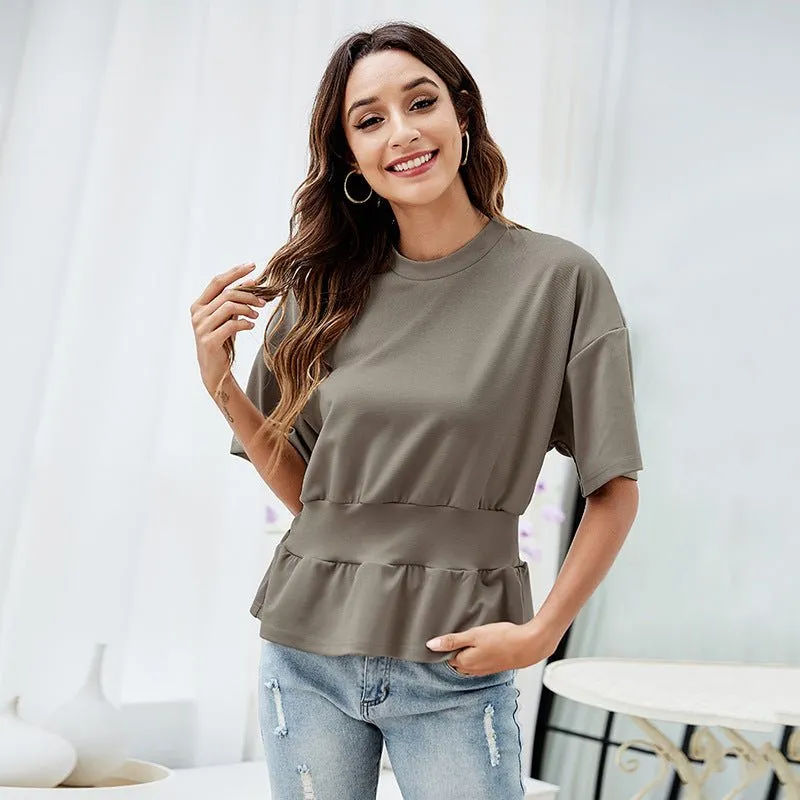 Summer Elegant Bottoming Shirt round Neck Short Sleeve Casual Women Slim Fit Pullover Waist Tight T-shirt