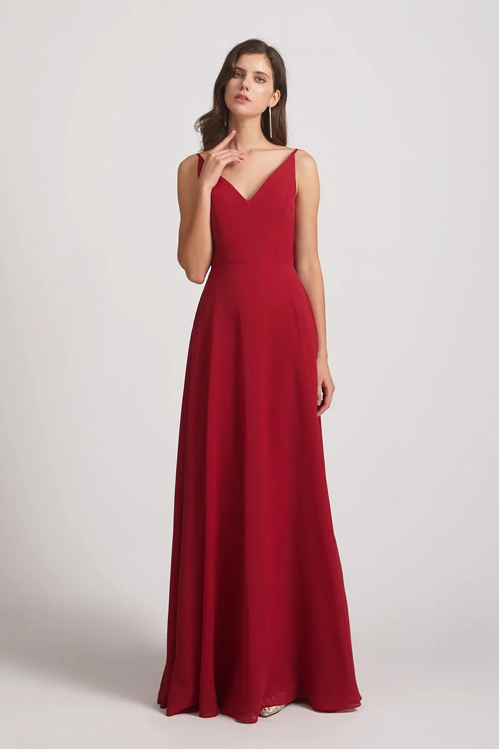 V-Neck Spaghetti Straps Chiffon Bridesmaid Dresses With Back Tie (AF0002)