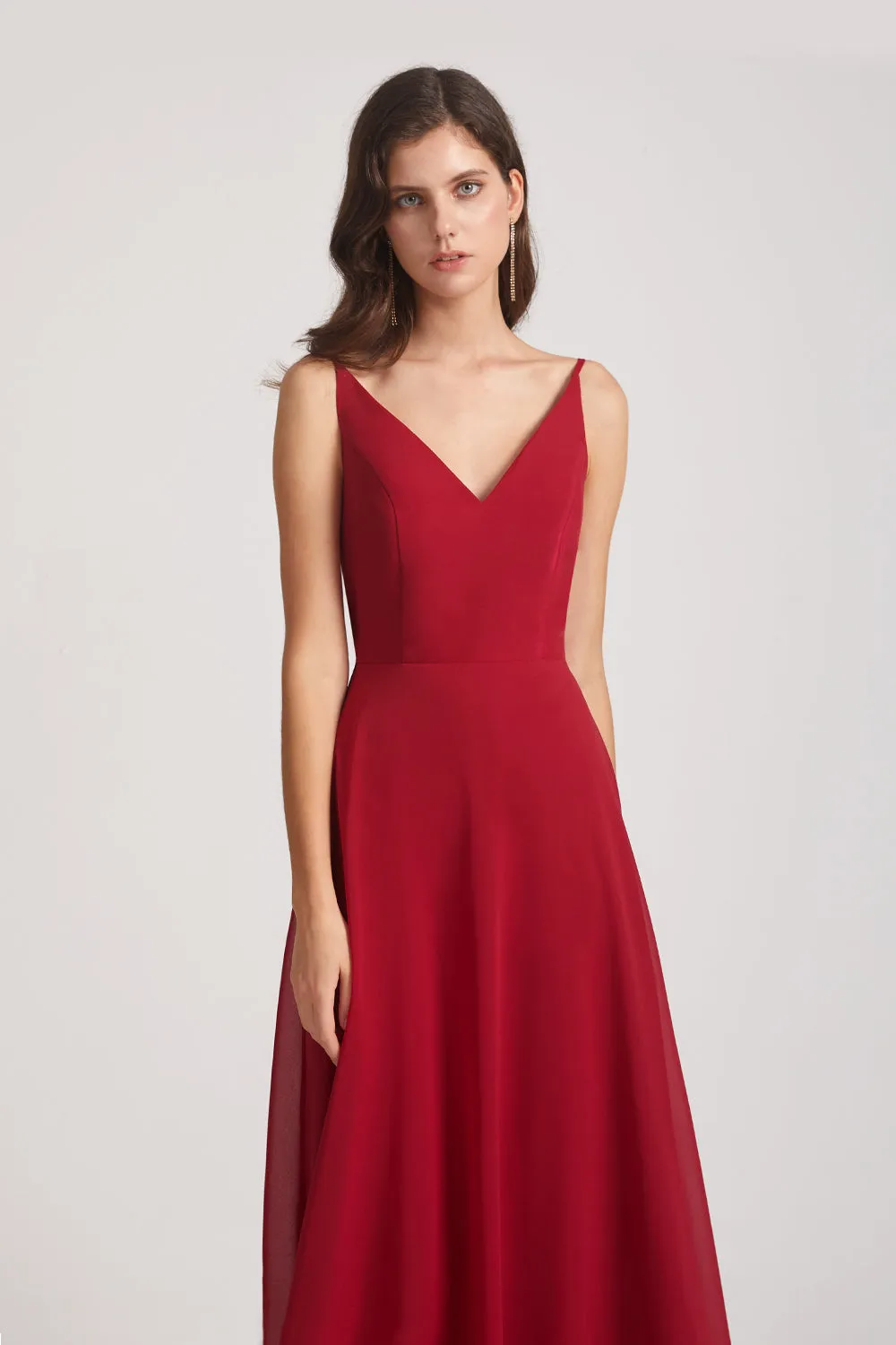 V-Neck Spaghetti Straps Chiffon Bridesmaid Dresses With Back Tie (AF0002)