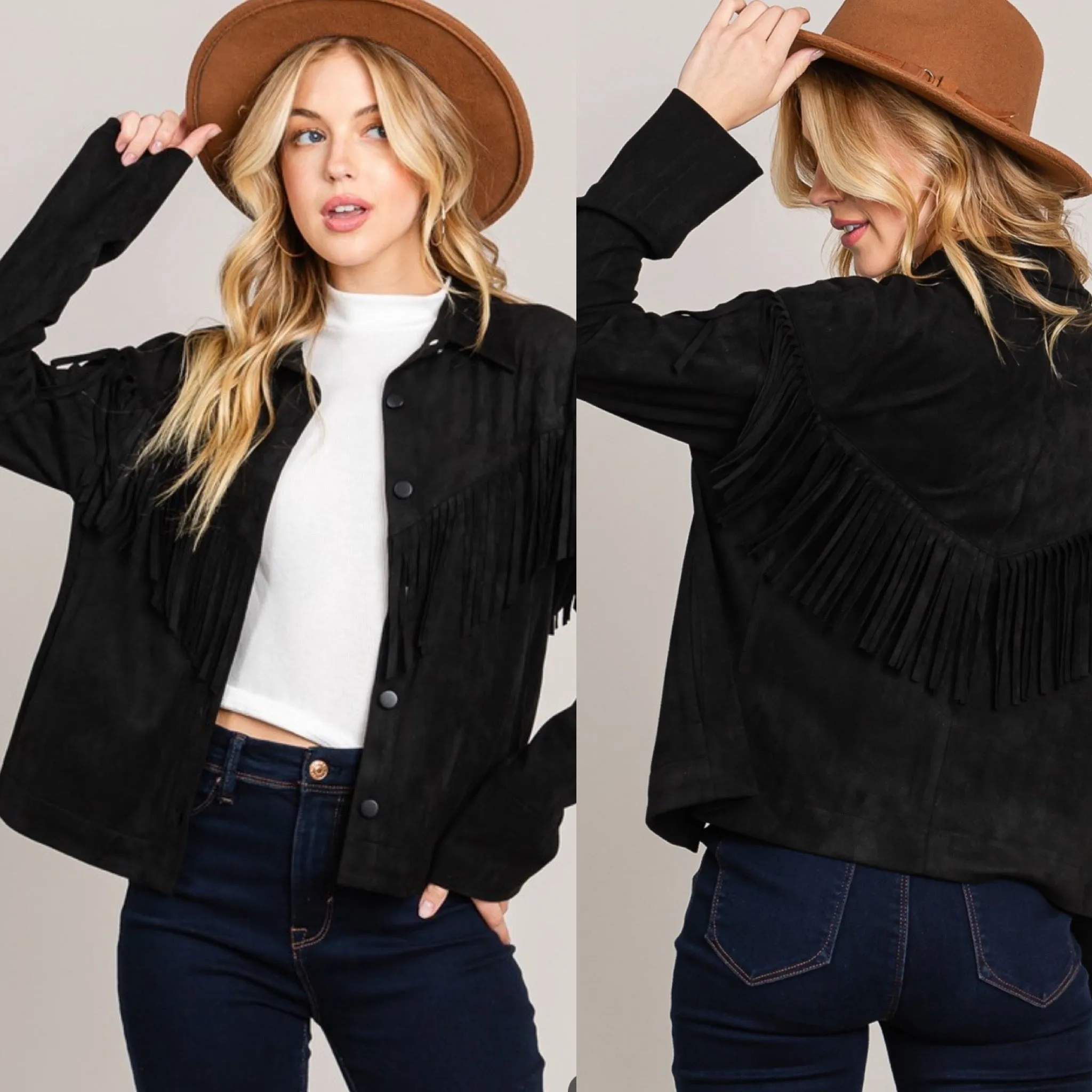 Vegan Suede Fringe Shacket - Black